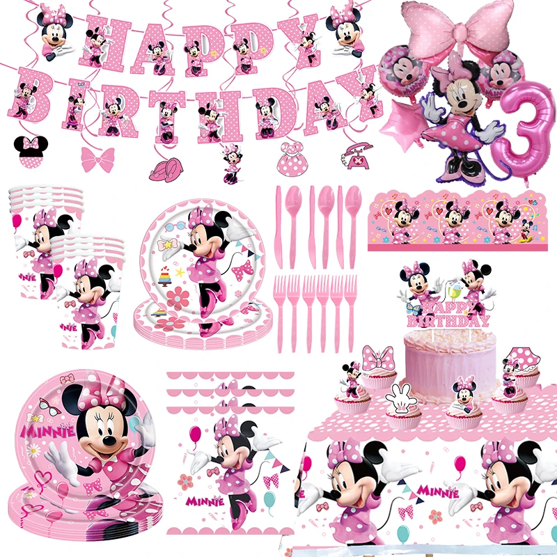 Disney Minnie Mouse Birthday Party Decoration Pink Minnie Theme Tableware Cup Plate Balloon For Girls Baby Shower Party Supplies