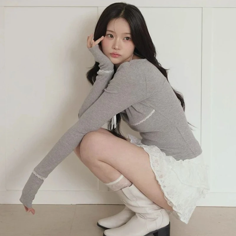 المرأة Y2k بلايز اليابانية Rojita نمط الدانتيل المرقعة التعادل وهمية قطعتين تمتد إصبع الأكمام البلوز بأكمام طويلة تي شيرت #3