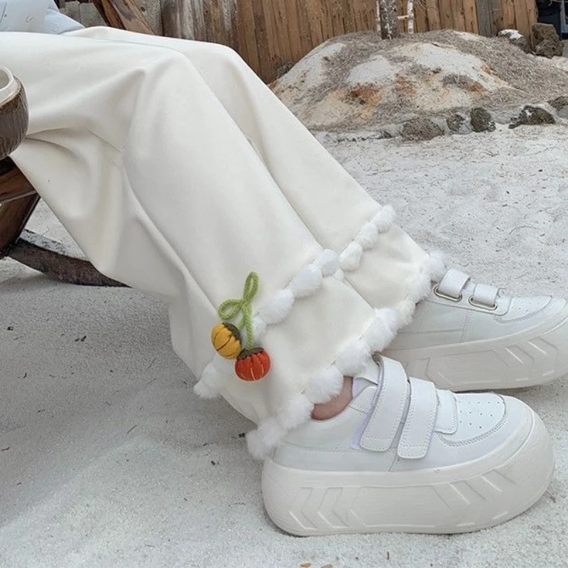 Japanese Sweet Corduroy Pants Kawaii Cute Plush Patchwork Pumpkin Balls Warm Wide Leg Pants Y2k Aesthetic Loose Casual Trousers