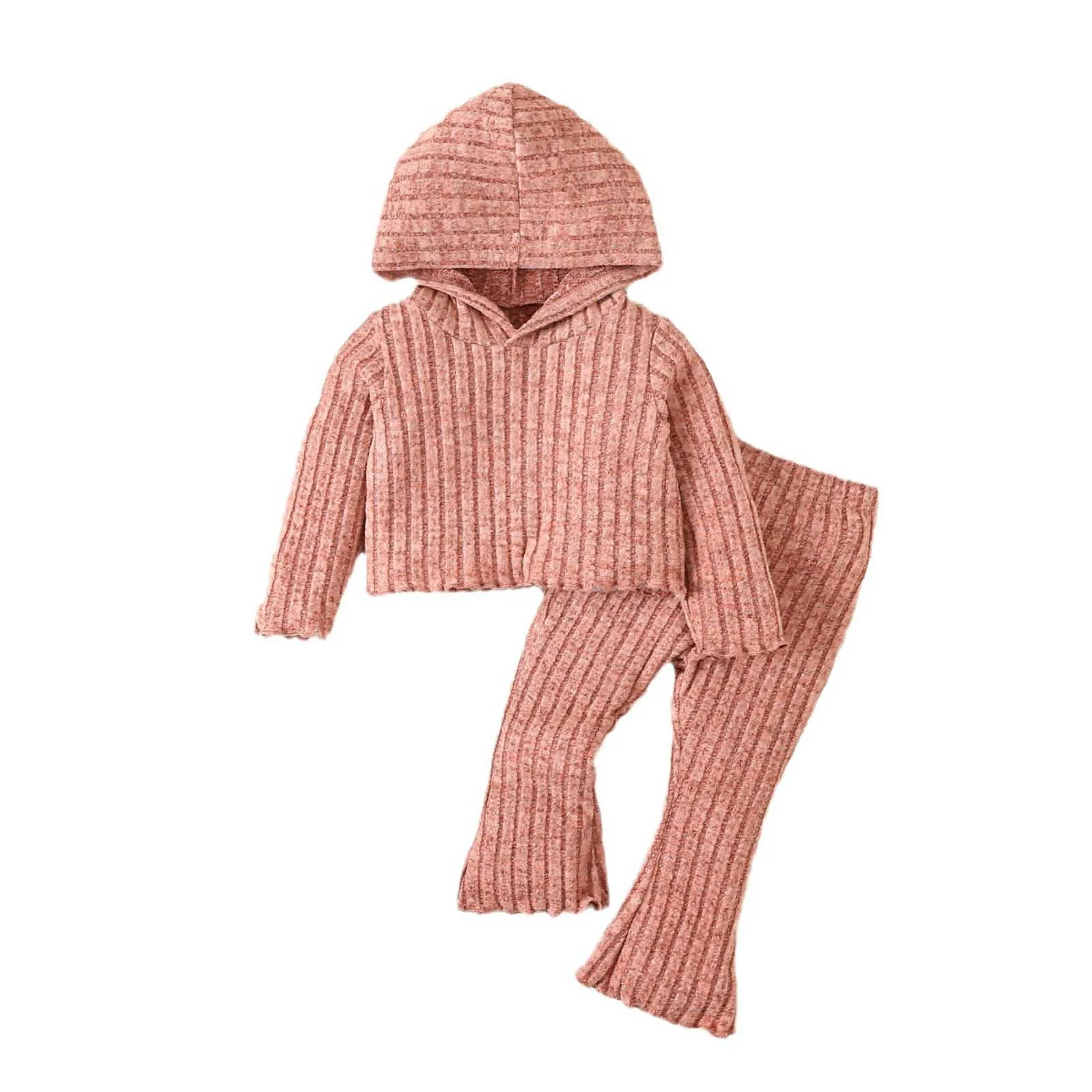 2pcs Children Clothing Sets Solid Color Long-sleeve Ribbed Hooded Tops+Pants Kids Boys Girls Winter Clothing Suits For 1-6 Years