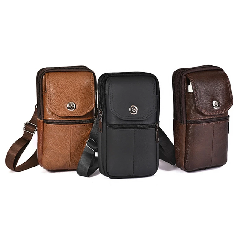 Men\'s Messenger Bag Cowhide Leather Bag Mobile Phone Pouch Pocket Wallet Male Small Travel Waist Bag Multi-Pockets Chest Bag