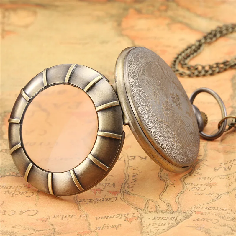 Bronze Transparent Cover Pocket Watch Men Women Quartz Movement Clock Roman Number Dial Necklace Chain Gift Reloj