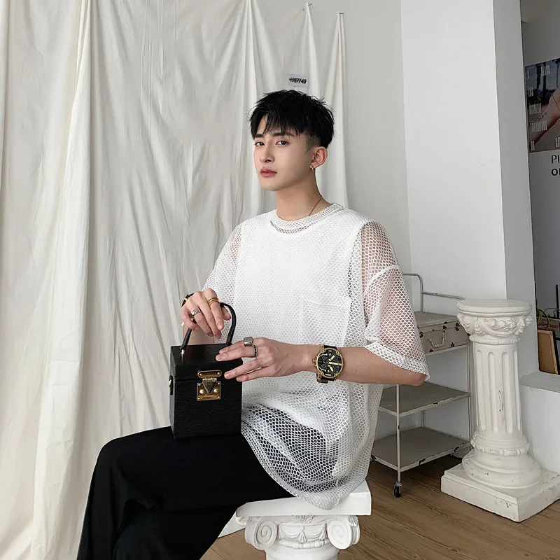 WTHT Trendy 2026 Summer Men's Solid Color Hollow Out Two Pieces T-shirts Fashion Round Collar Short Sleeves Pullover Male 2A2907