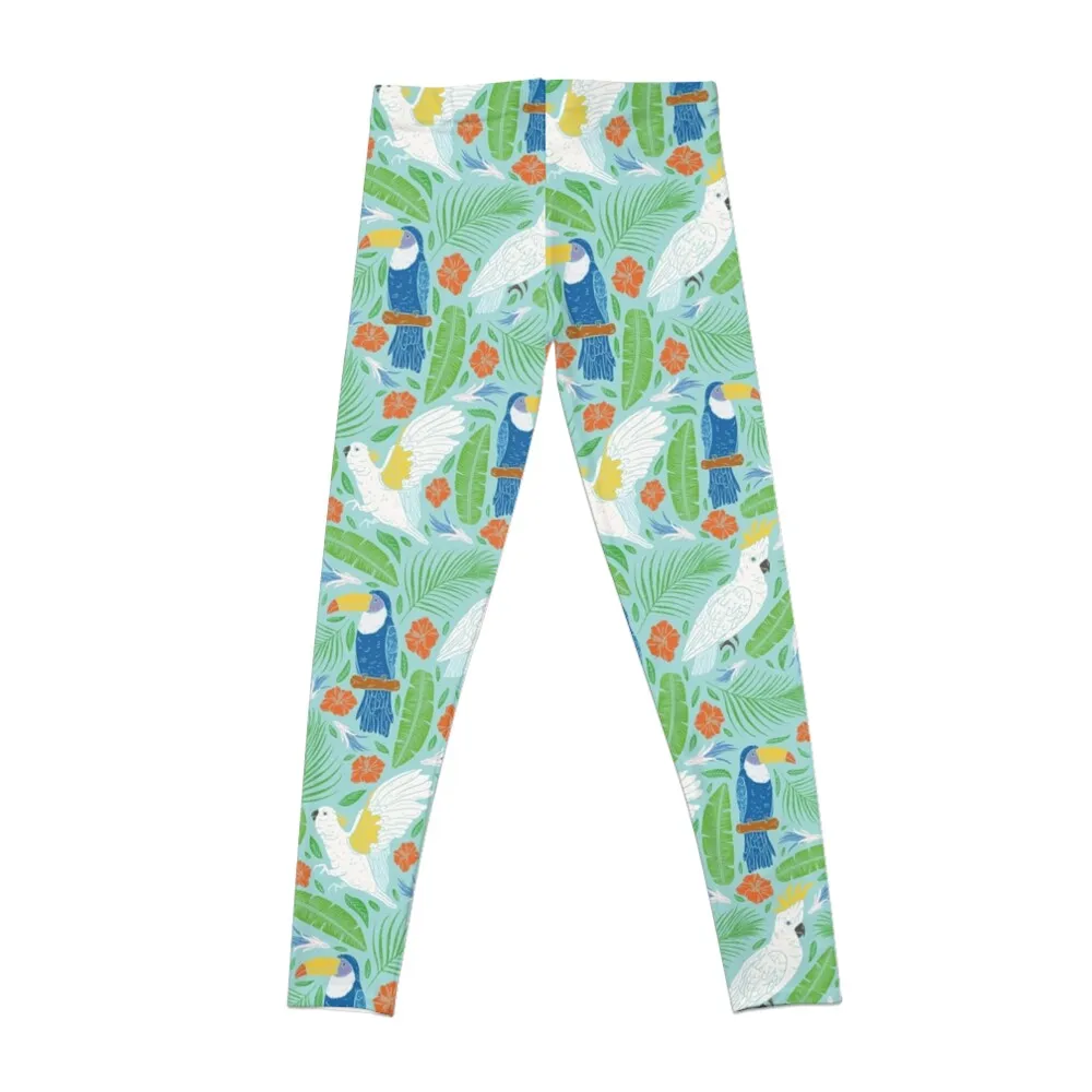 Blue toucan with white cockatoo amoung tropical flowers and leaves Leggings Pants sport Womens Leggings