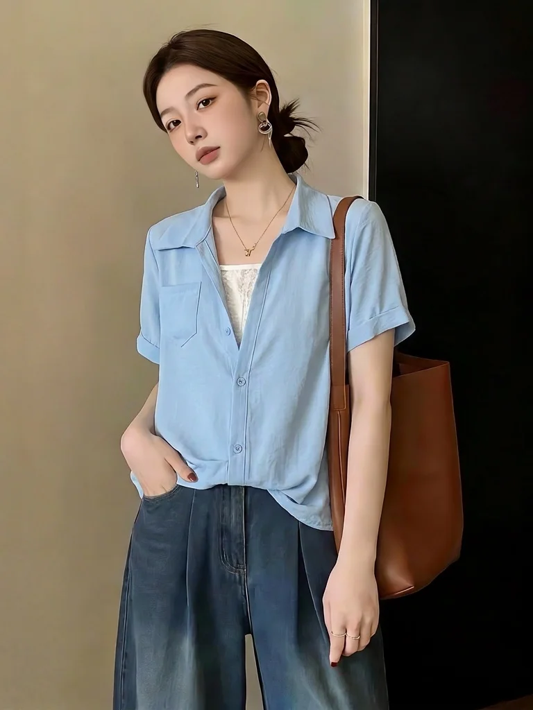 

Light Blue V-Neck Short Sleeve Shirt Women's plus Size Summer New Style Irregular Top Korean Style Loose Fit Commute Wind
