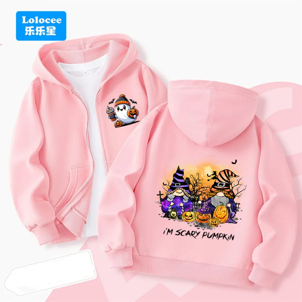 Halloween Ghost Pumpkins Print Kids Hoodies Zipper Sportwear Black Cat Spooky Season Zip Up Boy Girl Jacket Coat WSJ3