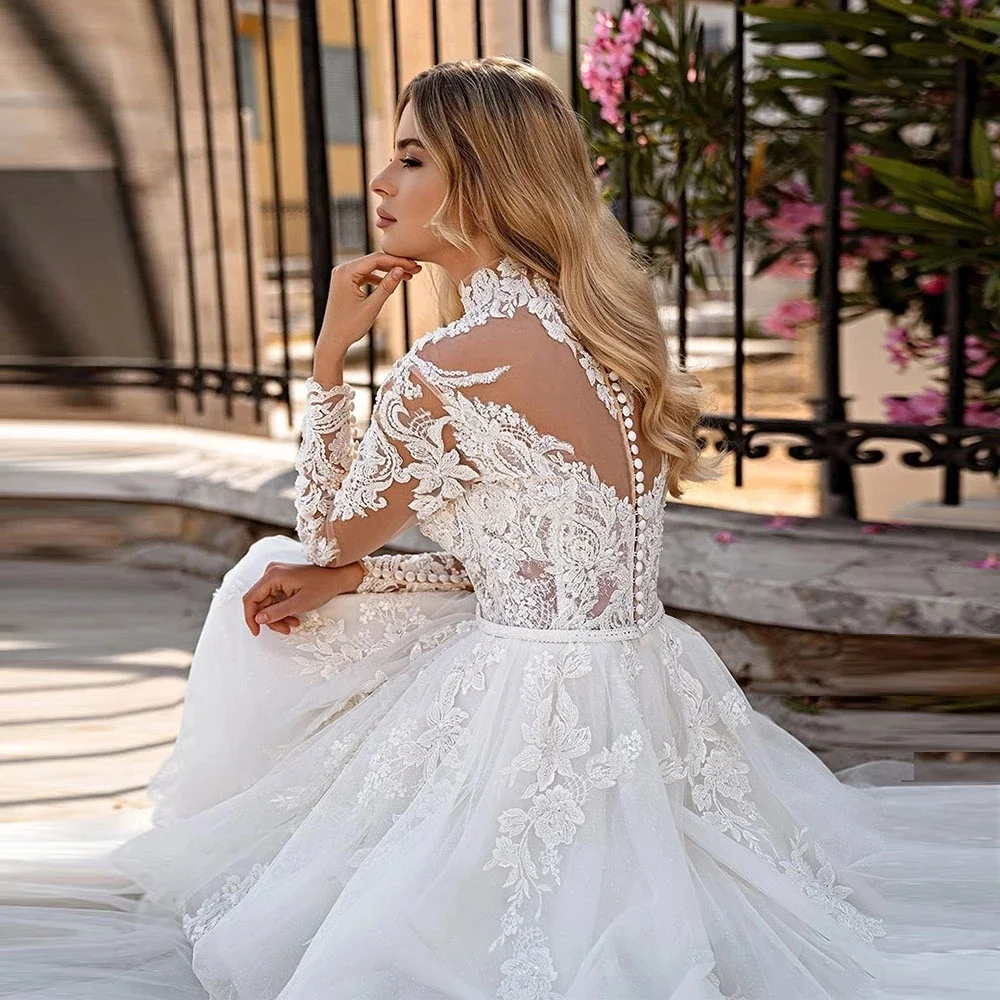 Exquisite Classic A-Line Lace Tulle Wedding Dress Applique High Neck Full Sleeves Bridal Gown Illusion Custom Vestidos De Novia