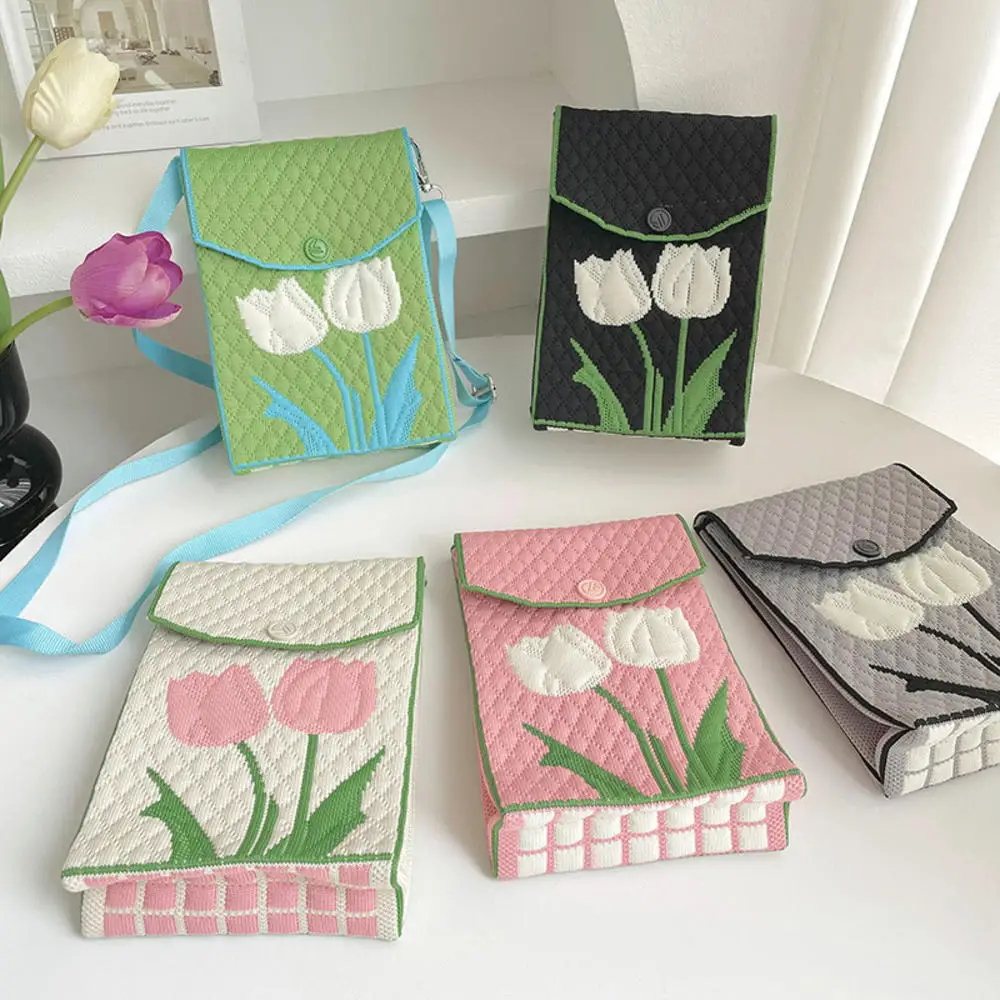 

Korean Fashion Tulip Knitted Mini Square Handbag for Women Small Mobile Phone Shoulder Bags Girls Cute Outdoor Crossbody Bags