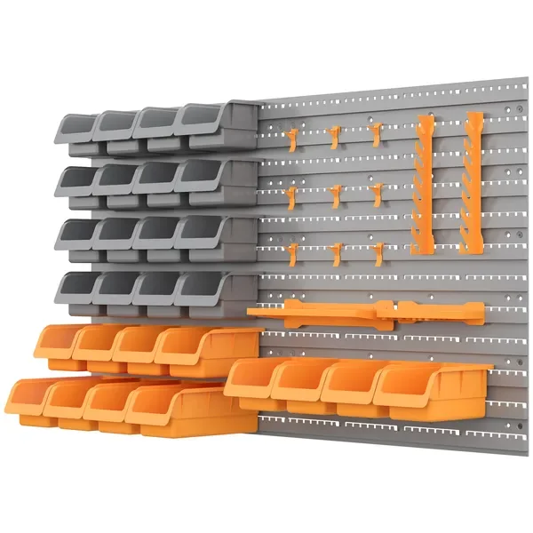 

Wall-Mounted Organization Marvel: 44PC Storage Rack with Bins, Pegboard Hooks, Organizer for Garage, Orange Finish