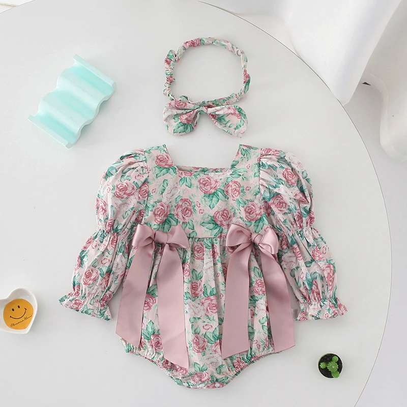 

Autumn Spring Baby Girl Clothing Newborn Baby Girls Bodysuits+Hair band Long Sleeved Cotton Printing Lace Stitching Jumpsuit