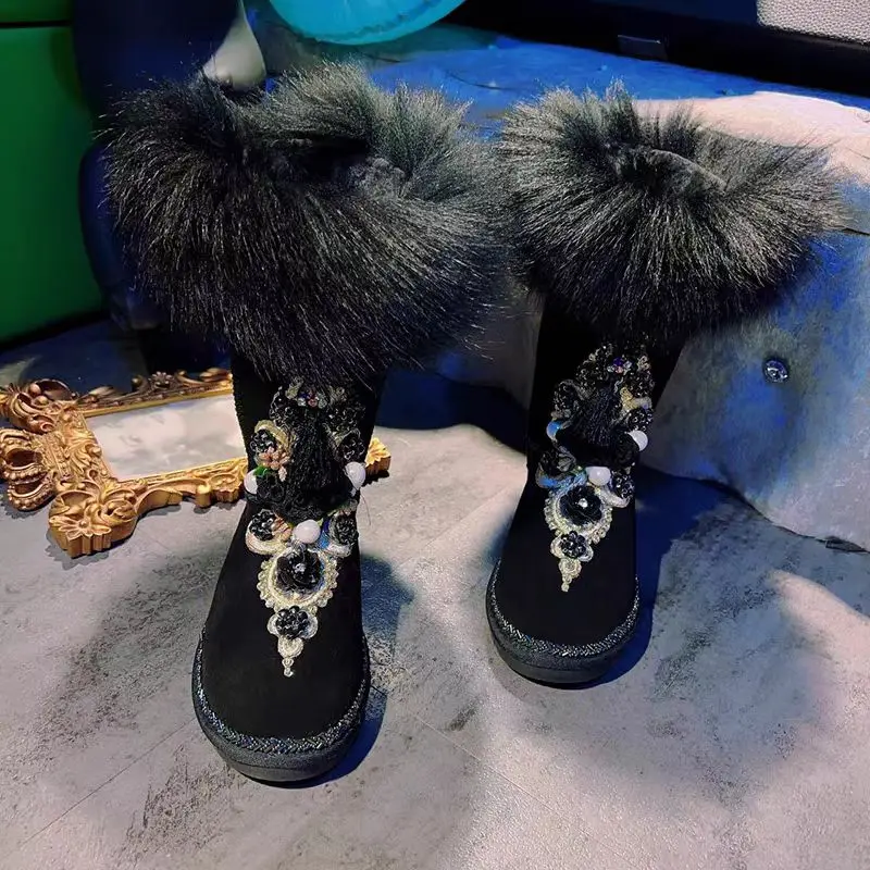 

Black pearl sequined rhinestone lace tassel snow boots, thickened fur one-piece women's cotton shoes 35-40