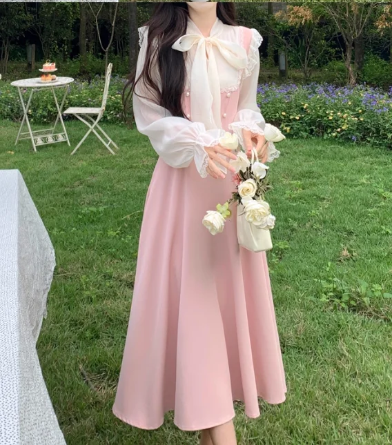 ربيع الخريف حجم كبير الحلو الوردي القوس عالية الخصر ألف خط فستان موضة الحد من العمر الشاش الربط وهمية قطعتين فساتين طويلة #5