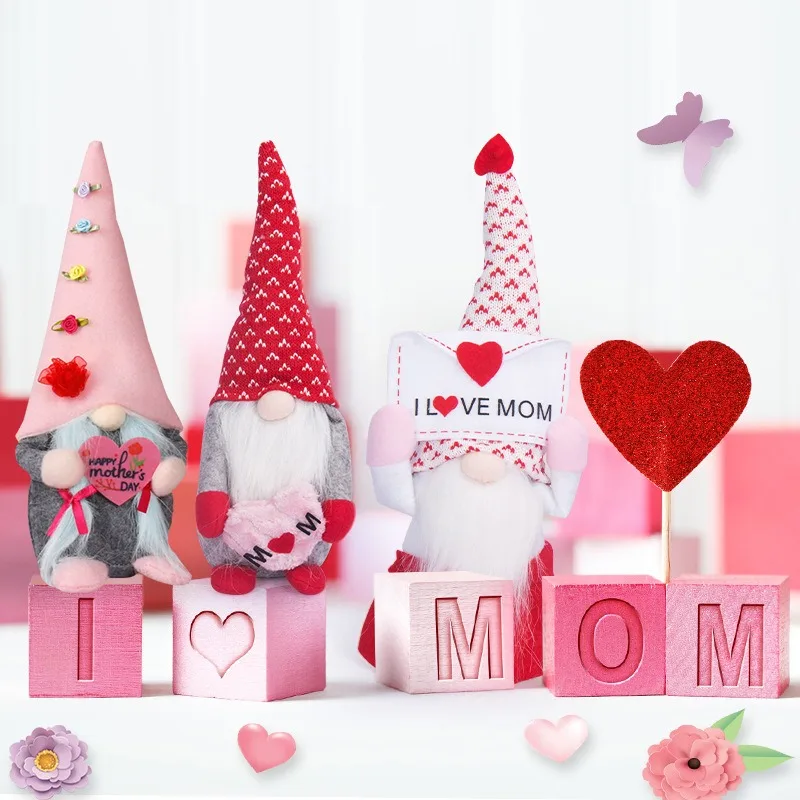Mother's Day Gnome Plush Doll I Love Mom Heart Design Tomte Nisse Figurine for Mom Gift Home Table Decor Holiday Party Ornament