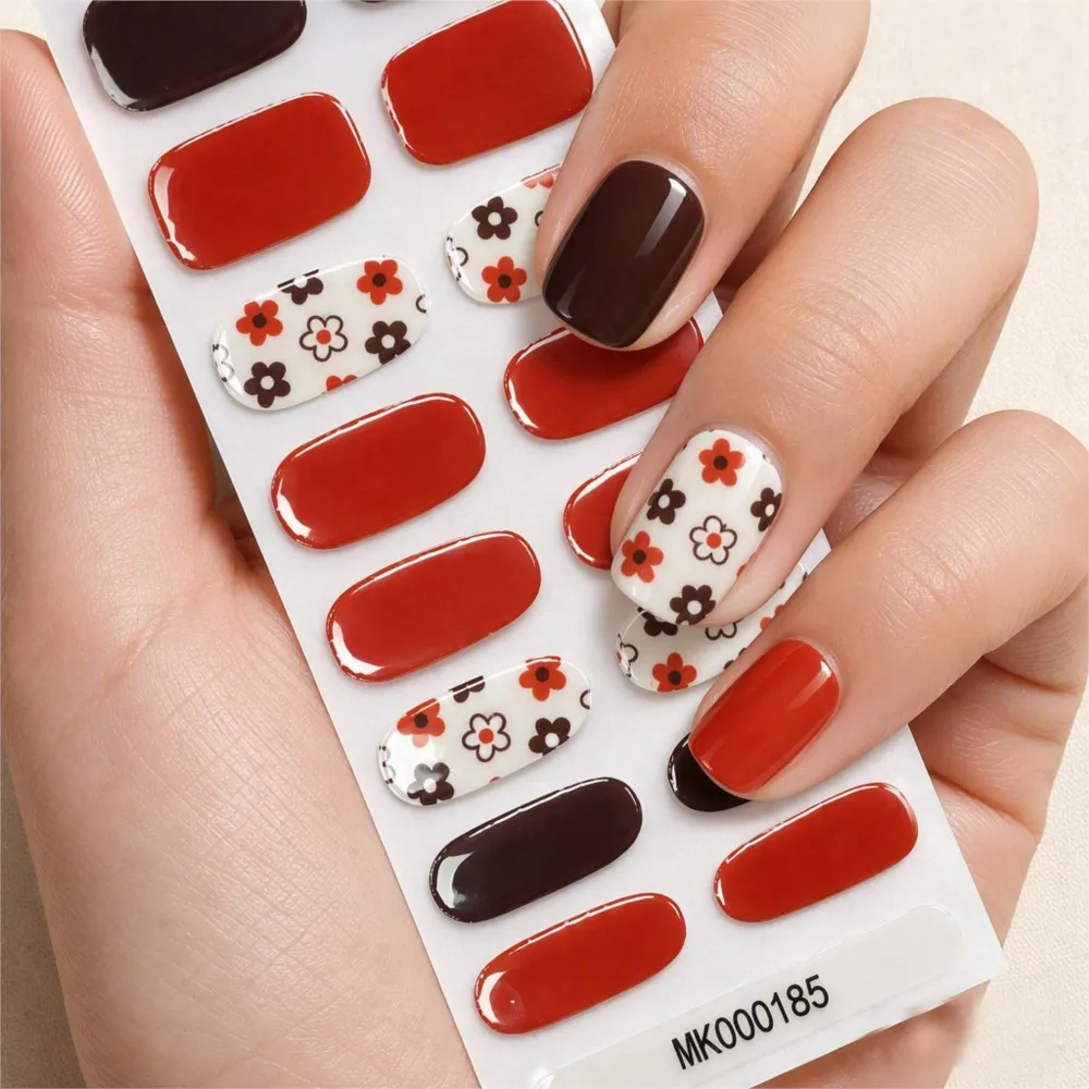 1sheet/16tips Autumn Red Brown UV Polish Nail Strips Sticker Baking-Free Flower Full Cover Nail Wrips Self-Adhesive Nail Sticker