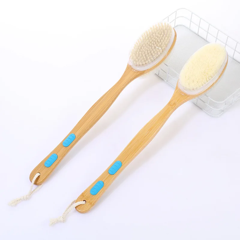 Doucheborstel met zachte en harde haren, dubbelzijdig lang handvat, bodyscrub-exfoliator aan de achterkant, geschikt voor zowel nat als droog ons - afbeelding 1