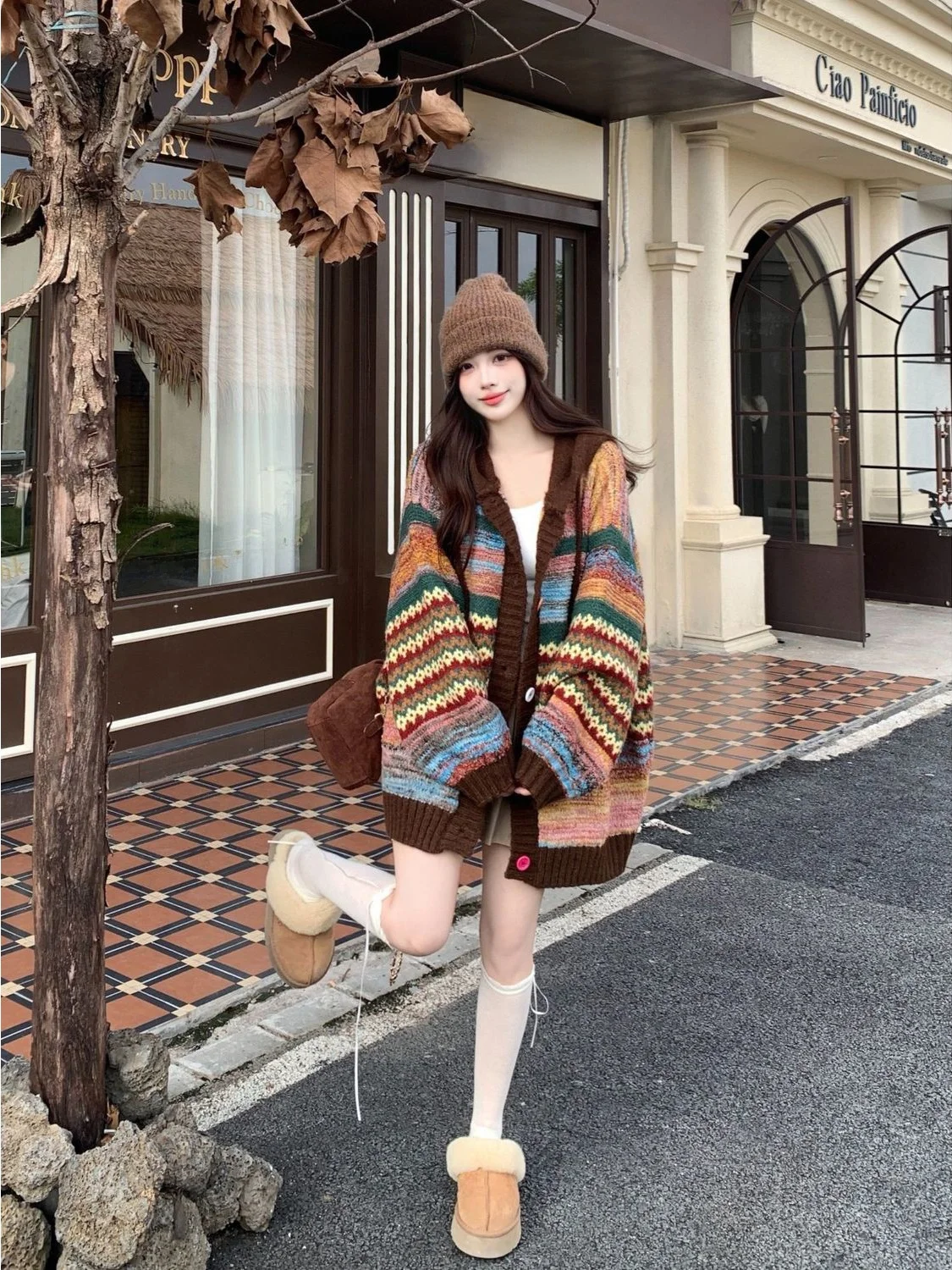 Sudadera con capucha a rayas de Color Retro de talla grande 300 Pou Jaet, prendas de vestir exteriores de otoño e invierno para mujer, suéter tejido de poliéster suave