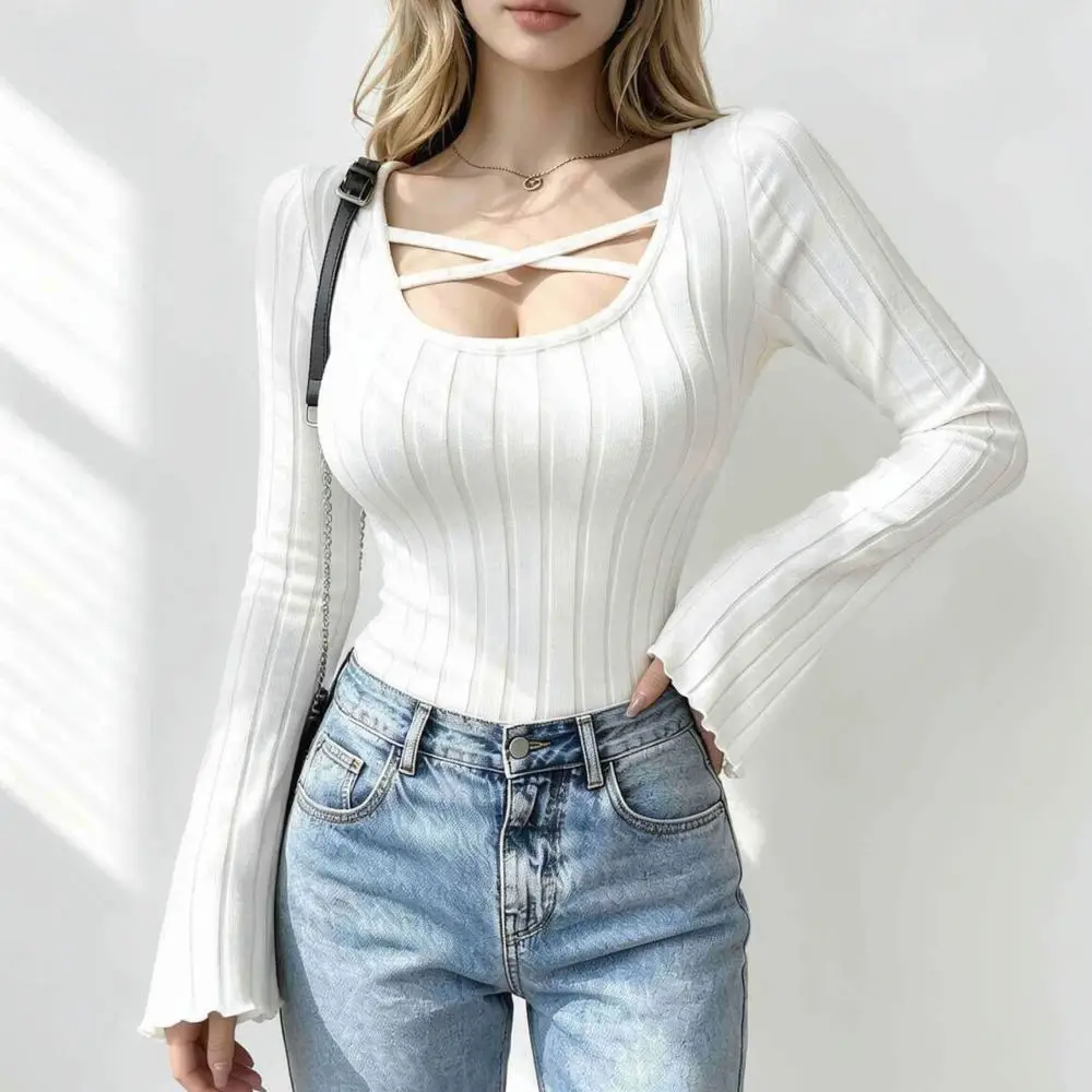 Fashion Women Slim Fit Long Sleeve T Shirt Square Neck Crop Top Fall Elegant Pullover Sexy Base Layer Streetwear Tee