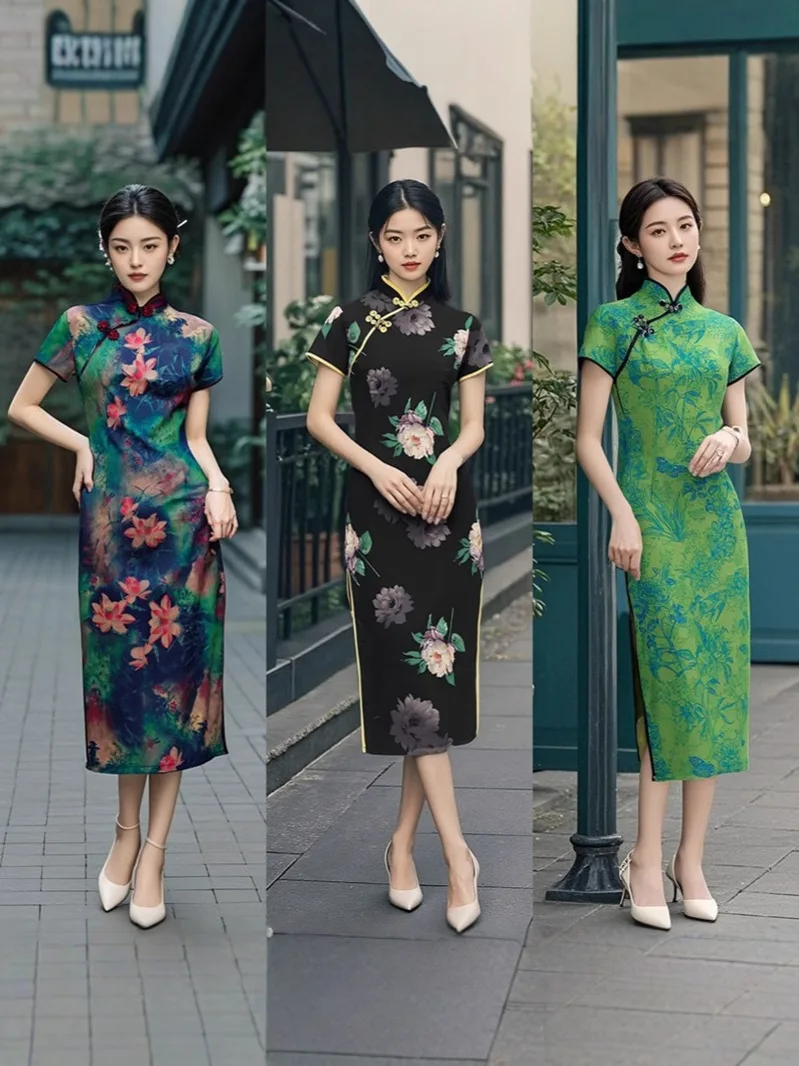 1pcs/lot vintage style woman floral print cheongsam lady stand collar frog button traditional qipao