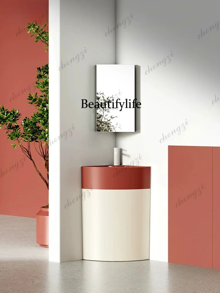 Small apartment ceramic corner column basin integrated floor washing table, vertical triangular washing basin