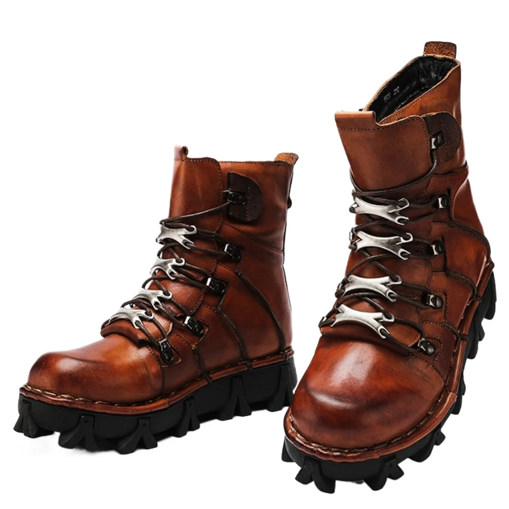 

Fashion Men's Cowhide Genuine Leather Motorcycle Boots Gothic Skull Punk Combat Boots Thick Sole Snow Boots Hiking Shoes