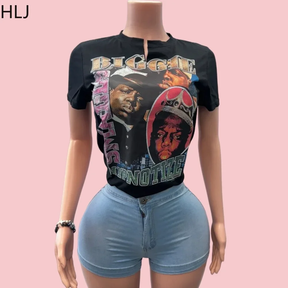 HLJ&GG Black Fashion Graphic T Shirts Women V Neck Short Sleeve Slim Crop Top Trend Printing Hip Hop Cool Girl Streetwear 2025