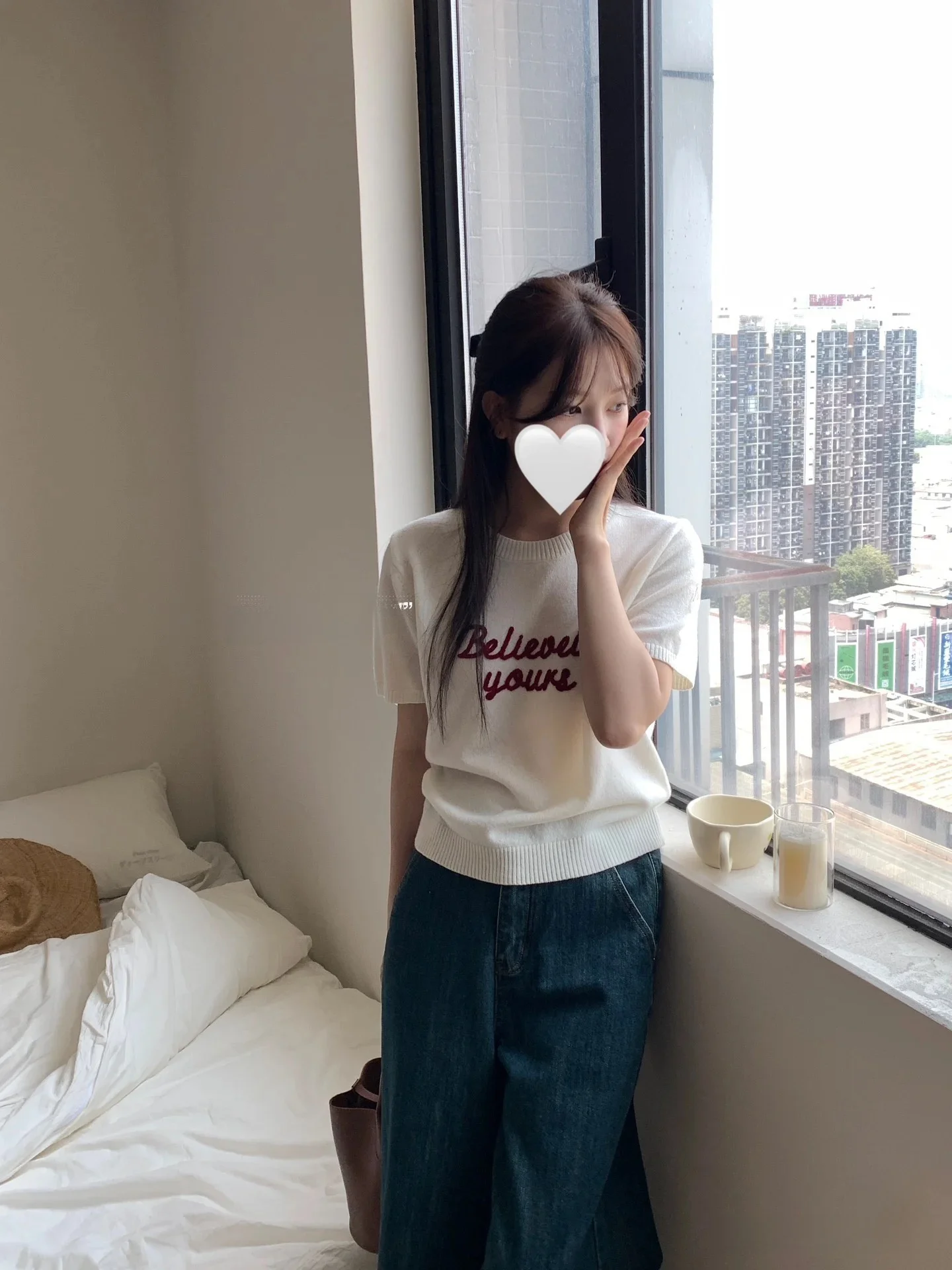 

Korean Sle Letter Embroidery ort Sve T-irt Knitted round Ne ort Top Women Spring New Slimming Inner Wear