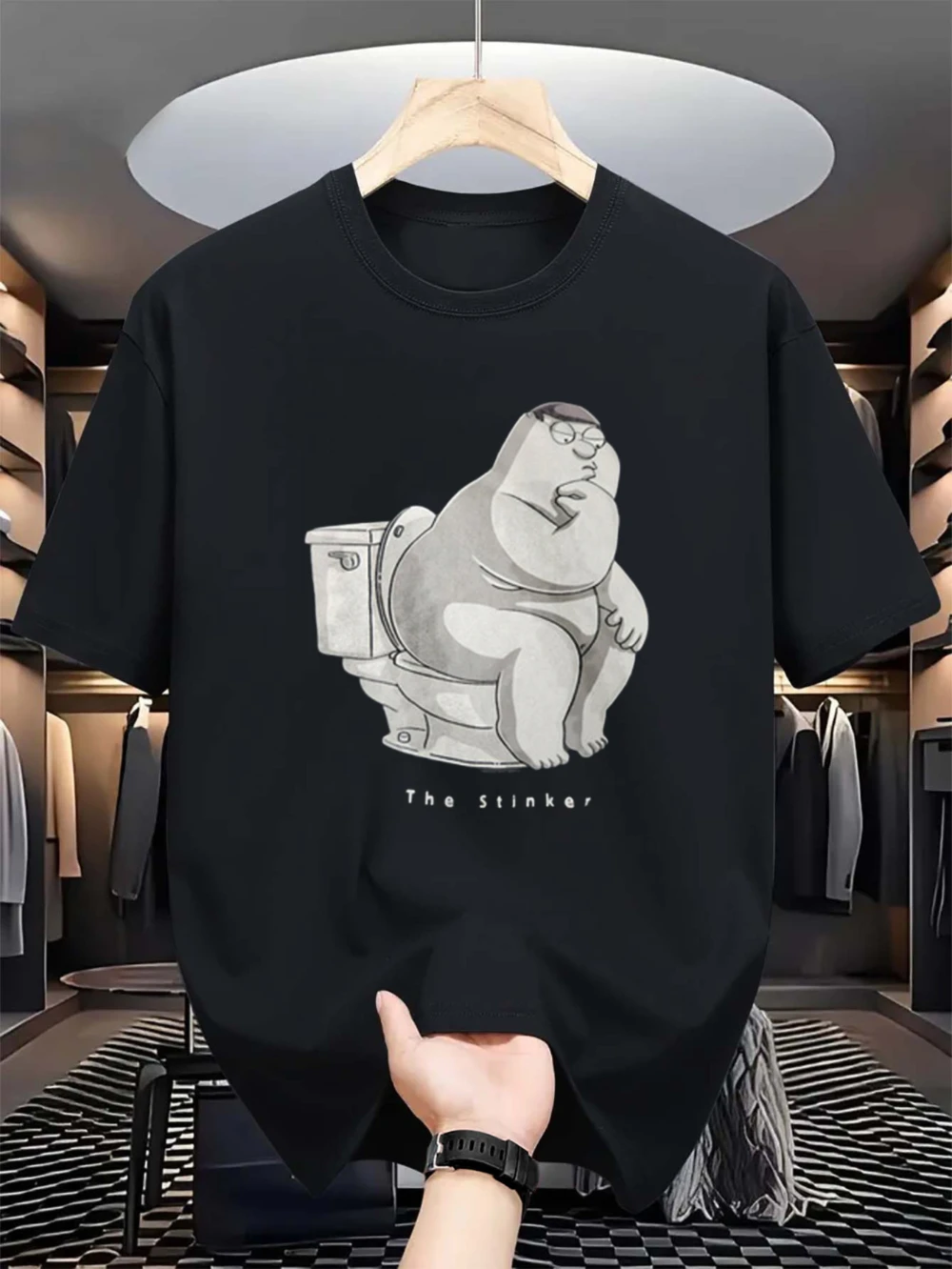 Funny Peter Griffin Family Guy The Stinker Toilet Humor Graphic T-Shirt Black Casual Round Neck Tee for Adults All Sizes