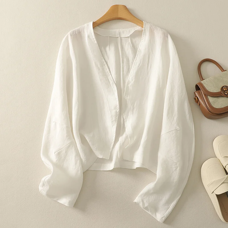 

Literary Summer Solid Chinese Cotton Linen Jacket Women Long Sleeves Open Stitch Coat Vintage Loose Thin Outwear