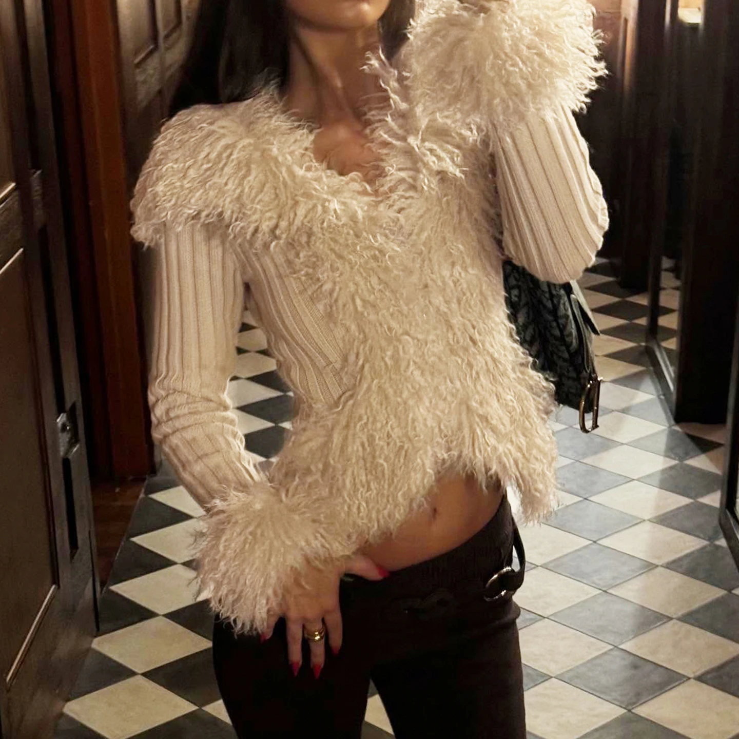 

Casual Fur Trim Ribbed Cardigans Slim Solid Zipper V-Neck Long Sleeve Sweaters Women 2025 Autumn Winter Fashion Streetwear Lady