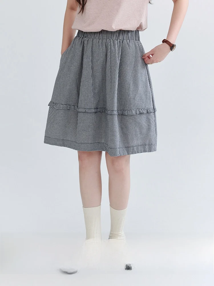 

AMUU North Island Sweet Ruffle Plaid A-Line Pocket Half Skirt Women Summer New Versatile Elastic Waist Short Skirt Commute