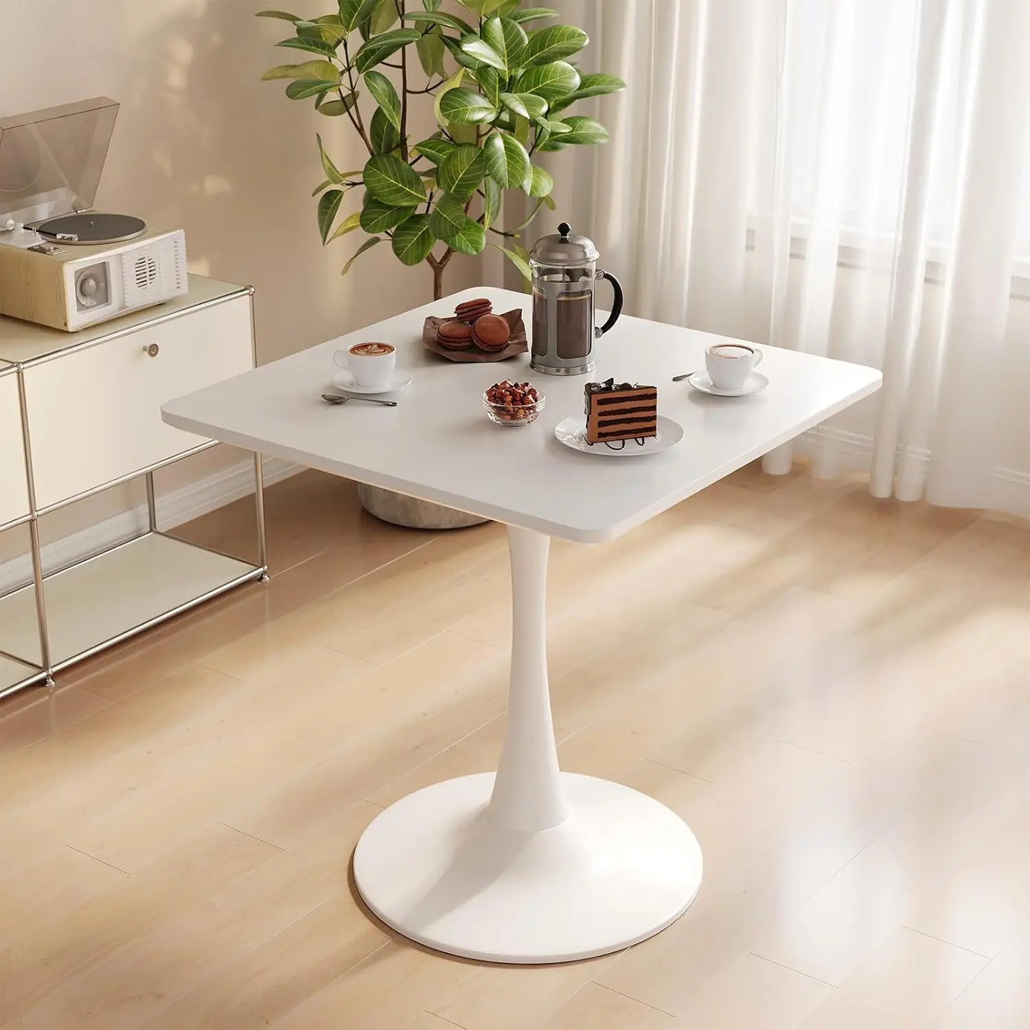 White Square Tulip Table For 2, 24 Inch Small Dining Table With Metal Pedestal Base For Kitchen, Mid-Century Modern Table With