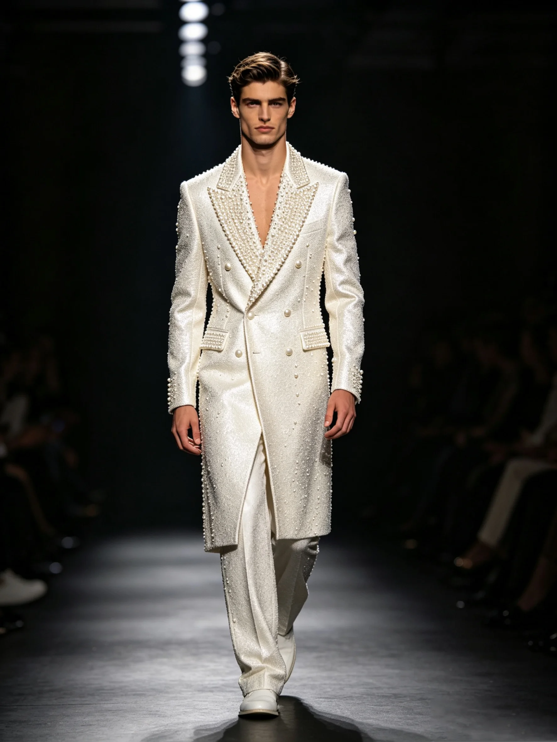 Designer Pearls Men Suit Set 2 Pcs Long Satin Blazer+Pants Trousers Customized Formal Office Jacket Wedding Tuxedos Prom Coat