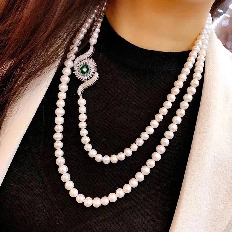 

Real Pearl Long Necklace For Women,Freshwater Pearl Fashion Sweater Necklace Party 925 Sterling Silver Jewelry