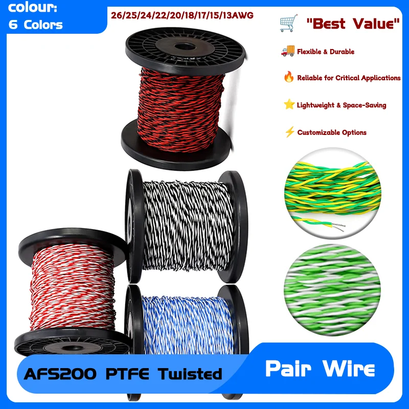 

FEP AFS200 26/25/24/22/20/18/17/15/13AWG PTFE Wire Twisted Pair 2pins Tinned Copper High Temperature DIY Electronic Signal Cable