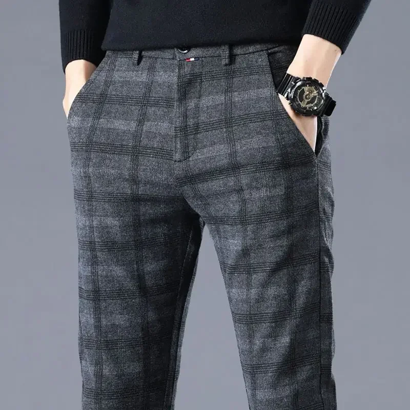 Black Men\'s Summer Pants Straight Plaid Check Male Suit Trousers Stylish 2024 Designer Clothes Spandex Chinese Homme Fabric Up