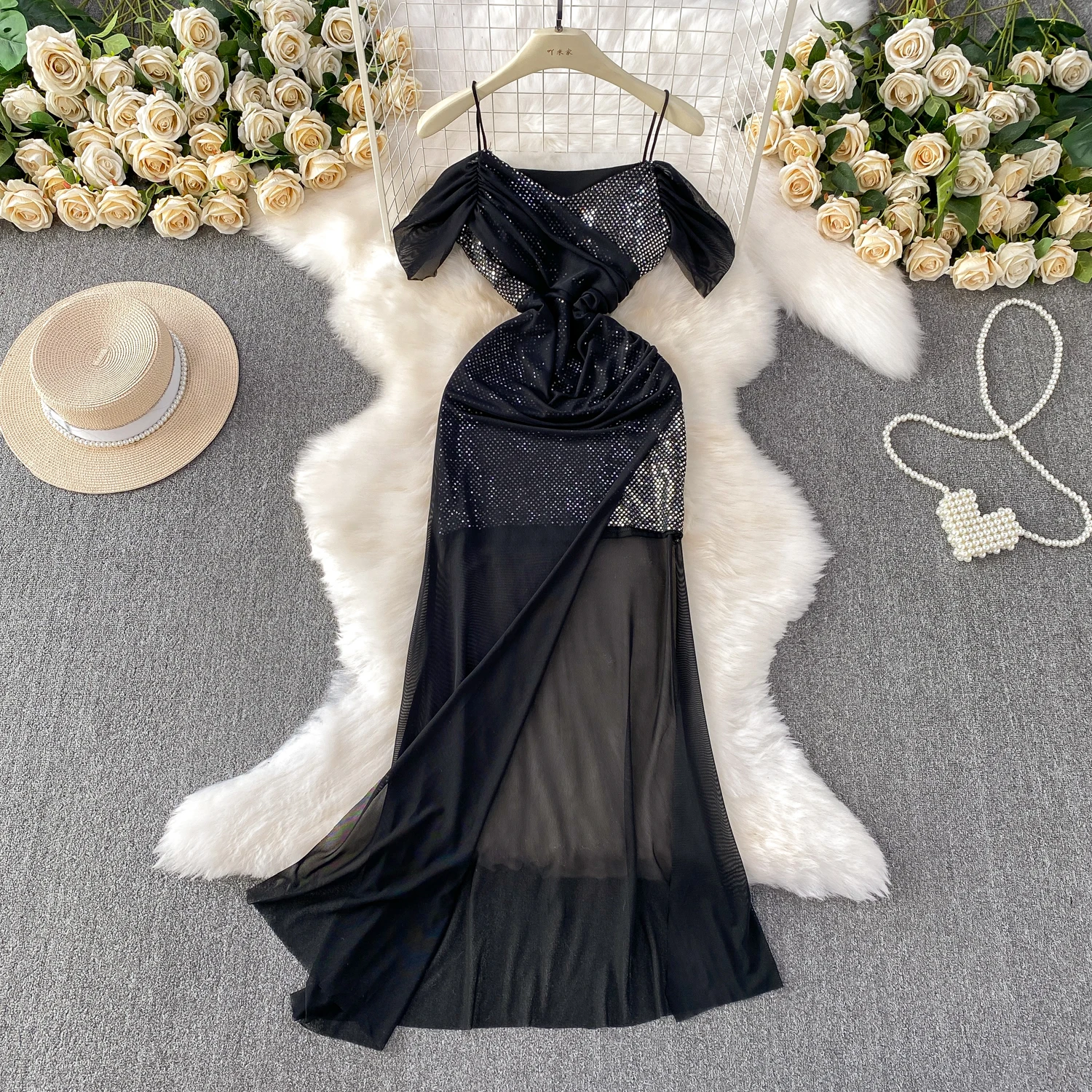 Vestido feminino de lantejoulas com alça espaguete, cintura recortada, camada de chiffon, malha, vestido de noite, sexy, slimfit, halter, costas nuas, linha a