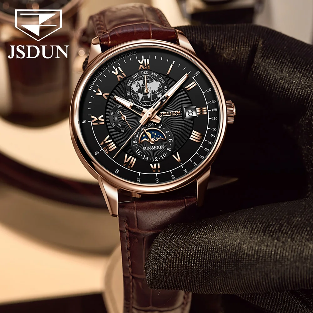 JSDUN Original Waterproof Leather Men Automatic Mechanical Watch Casual Business Wrist Watch Men Fashion Trend Watches for Men