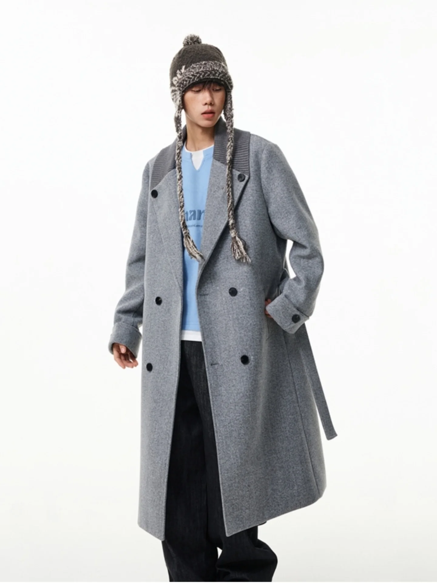 

Men's Woolen Coat Long Over-Knee Briti Sle Windbreaker Autumn Winter Loose Lapel Knitwear Warm Youthful Sle Pure Color