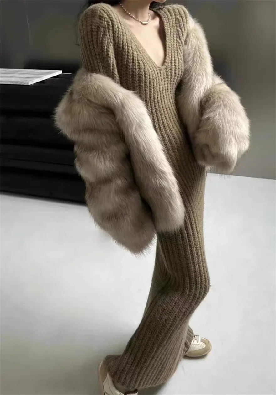 Korean Elegant V-neck Long Sleeve Knitted Dress Women Spring  New Waist Hugging Sheath Slimming Sexy Long Dress Y2k Clothes