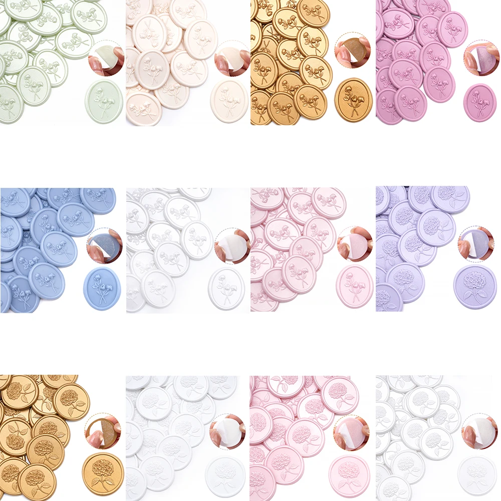 

25Pcs Roses/hydrangea Floral 3D Wax Seal Stickers Oval/round Self- Adhesive Stickers for Wedding Invitations Envelopes Sealing