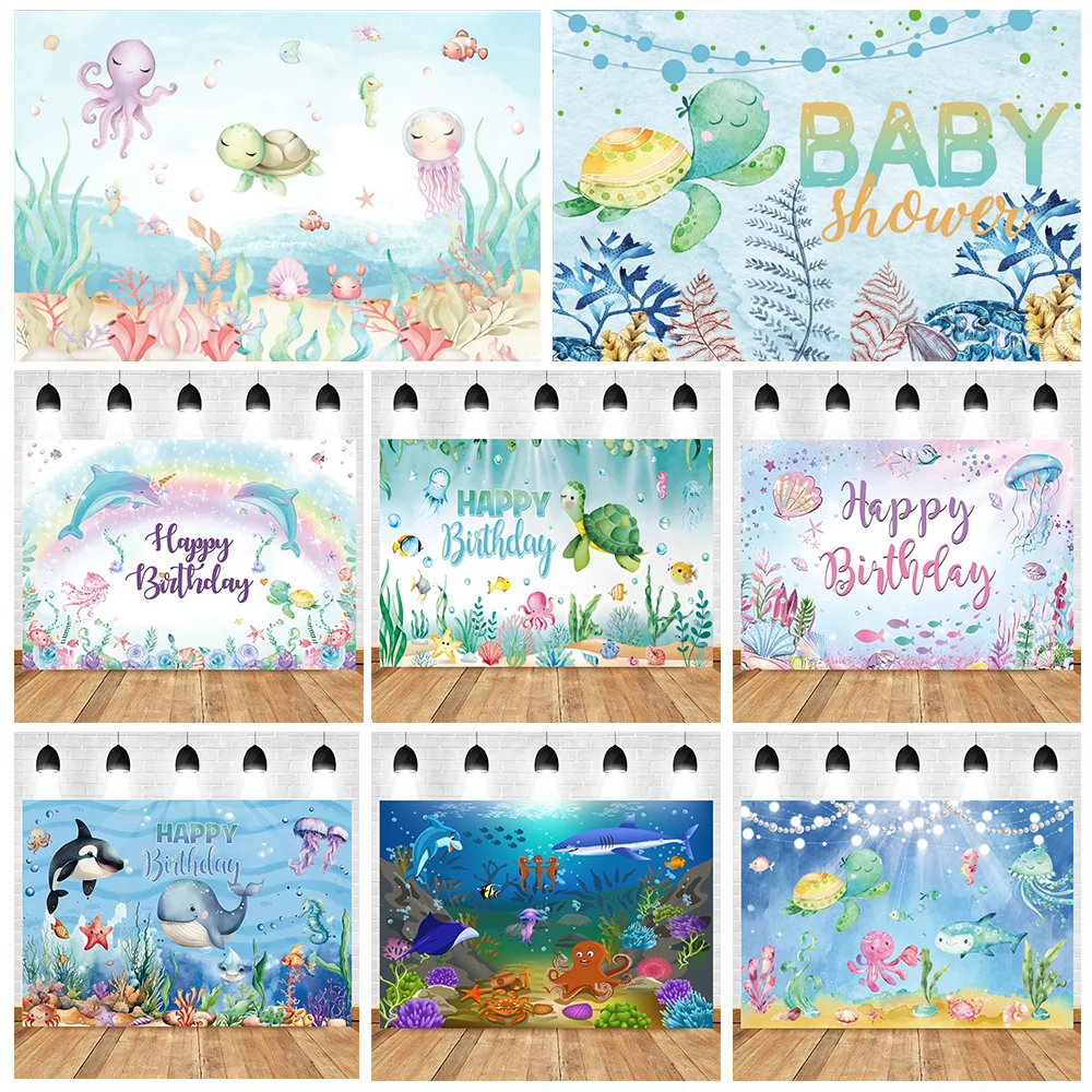 Cartoon Underwater World Photography Background Under The Sea Ocean Creatures Dolphin Turtle Kids Birthday Party Photo Backdrop