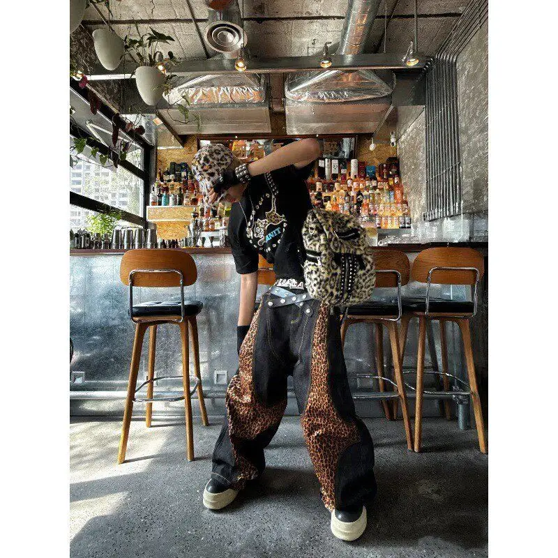 Retro American Original Cowhide Leopard Print Wide Leg Jeans Loose Fit Casual Straight Cut Trousers for Men And Women