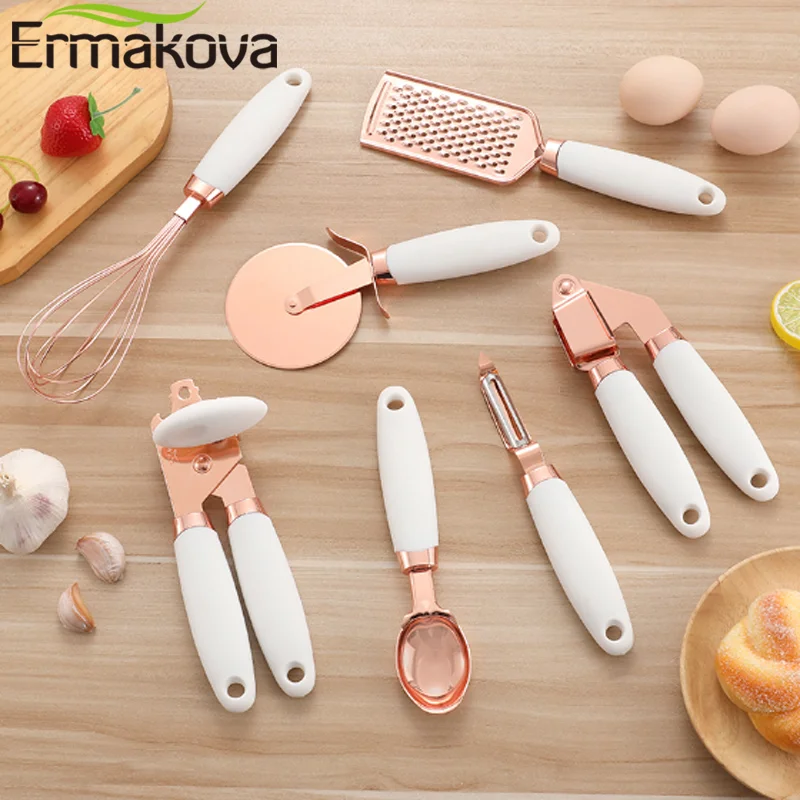 

ERMAKOVA 7 Pcs Kitchen Gadget Set Copper Coated Stainless Steel Utensils with Soft Touch Rose Gold Garlic Press Pizza Cutter