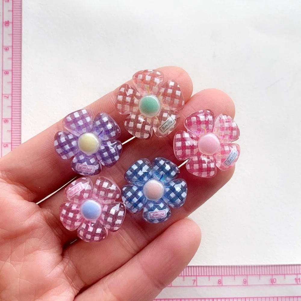 10pcs Mini Kawaii Cute Grid Smile Flower Flat Back Cabochons Scrapbook Diy  Party Hairpin Accessories Home Decoration Craft