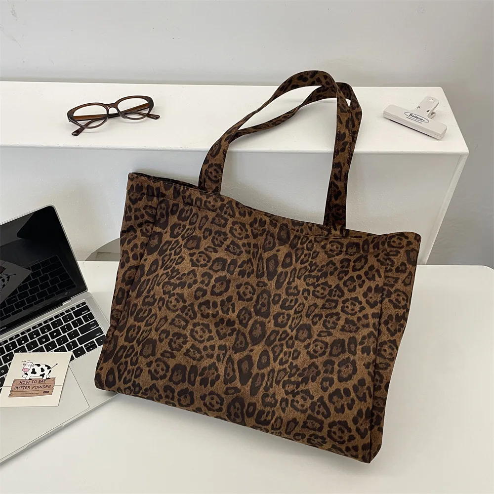 

Retro Faux Suede Women's Shoulder Bags Leopard Print Large Capacity Ladies Shopping Bag College Style Girls Handbag Fall Winter