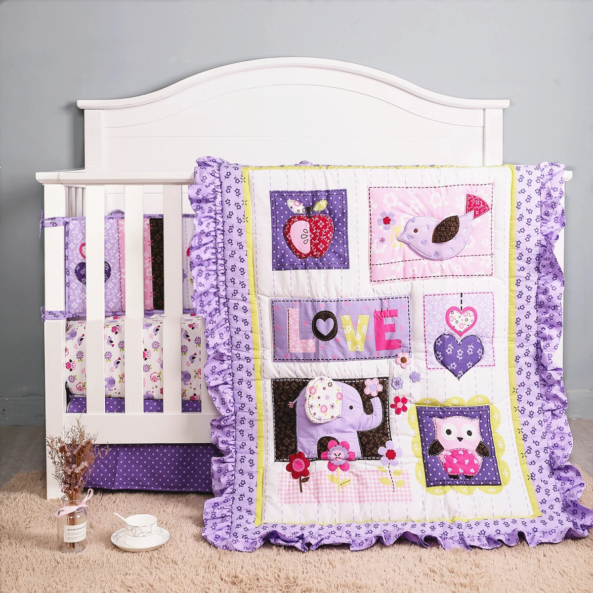 

7Pcs Purple 3D Elephant Baby Cot Bedding Sets for Girl Luxury Nursery Set Crib Bed Set (4Bumper Crib Sheet Comforter Crib Skirt)