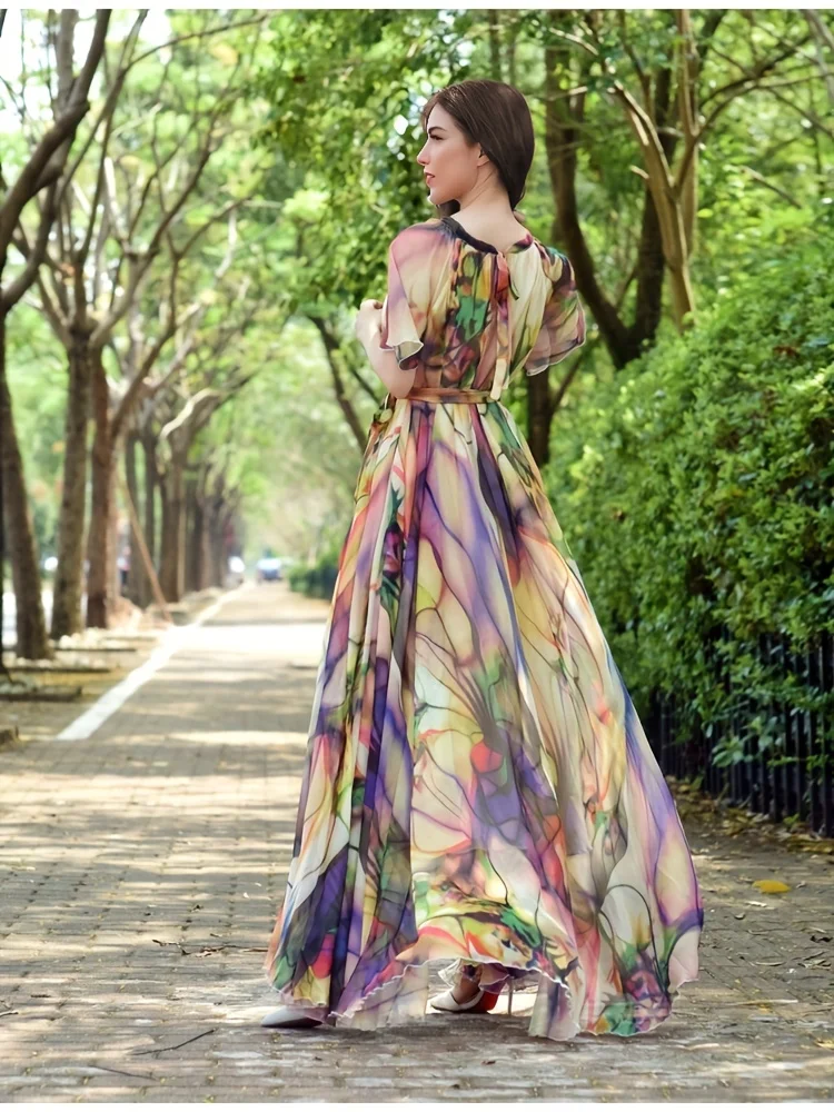 2024 Summer Bohemian Long Dress Flowers Print Holiday Boho Floral Chiffon Fashion Party Dresses Islamic Clothing Robe Vestido