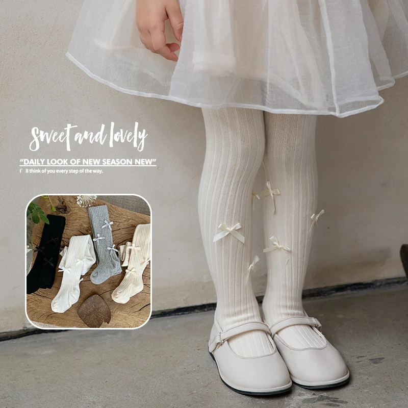Lolita Girls Multiple Ribbon Bow Anti Pilling Footed Tights Wear Resistant Elastic Comfortable Romantic Sweet Princess Pantyhose