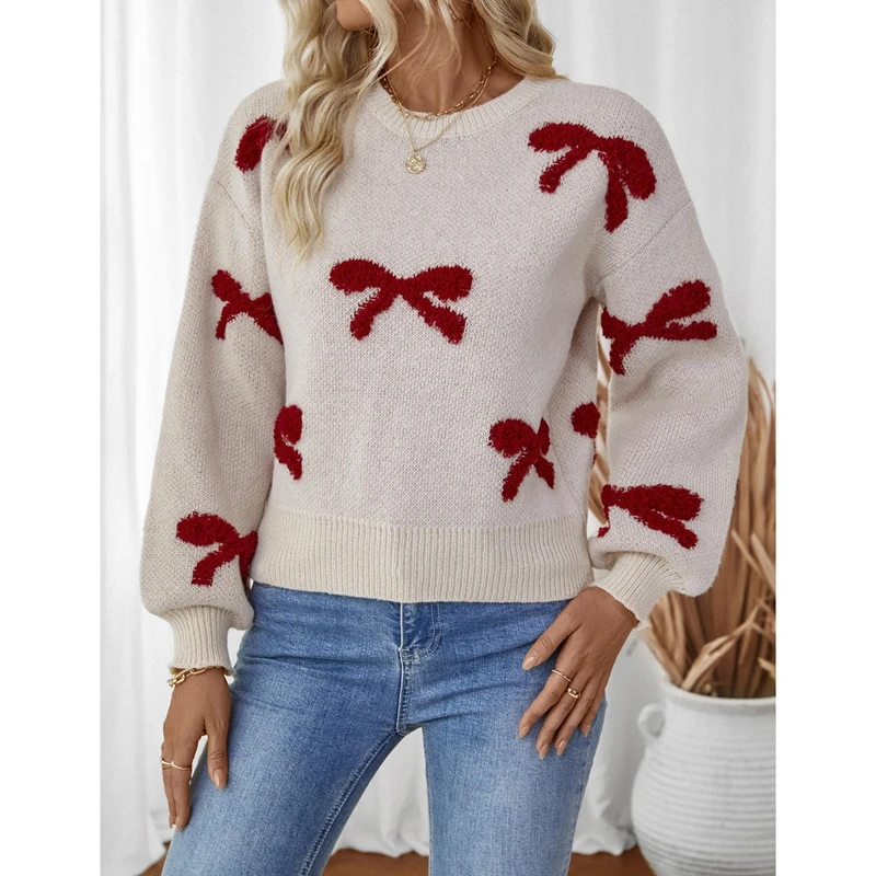 

Women s Knit Sweaters Long Sleeve Round Neck Bow Embroidery Pullovers Loose Fit Tops