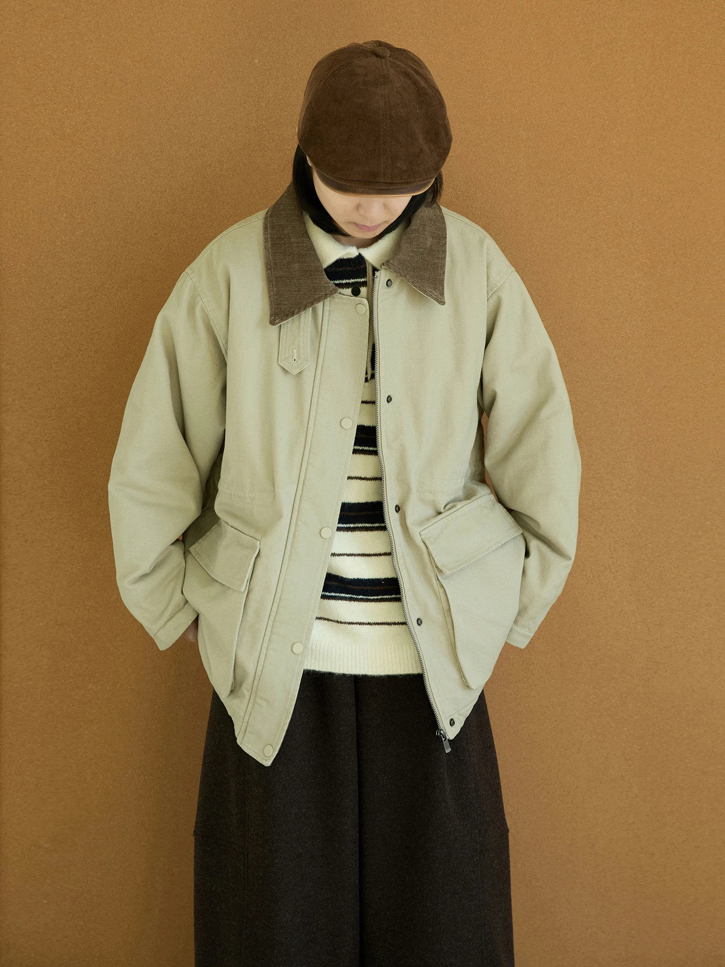 

Теплая винтажная куртка с контрастным воротником, утепленная, из хлопка, в японском стиле, свободного кроя, на молнии